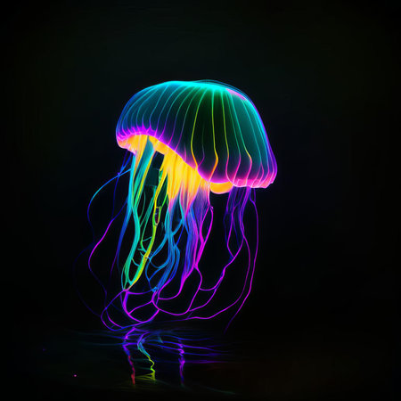Jellyfish on a black background. Fantastic background. AI generatedの素材