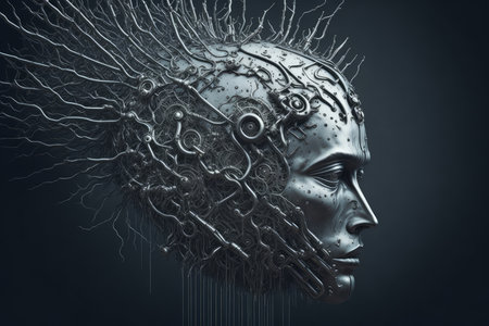 3d rendering of a robot head with a chain on a dark backgroundの素材