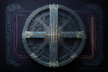 Celtic cross on a dark background. New religious symbol generated with AI.の素材