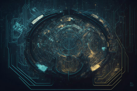 Abstract technology background with circuit board. 3d rendering toned image double exposureの素材