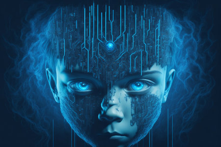 Cyborg face with electronic circuit. artificial intelligence concept. 3D Renderingの素材