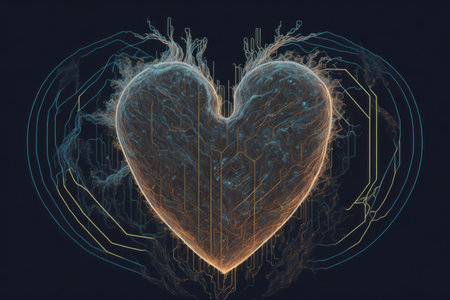3d rendering of digital heart with electrical circuit. Human heart integrated to the circuit boardの素材