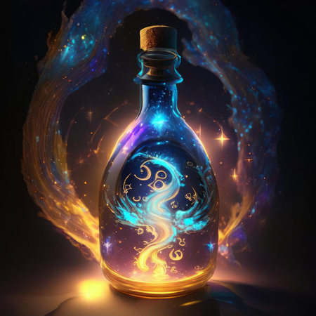 Magic potion in a bottle with glowing stars on a dark background. Mystical fragrance concept. AI generated.の素材