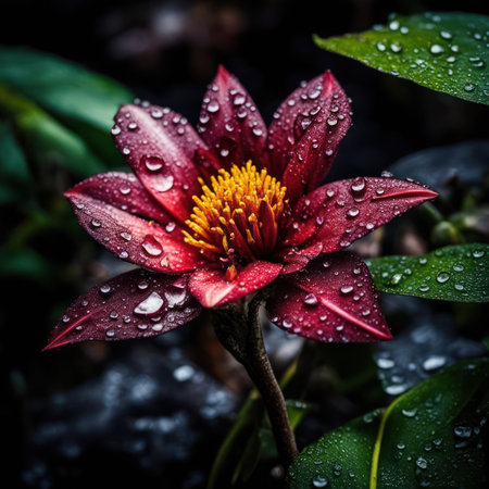 Fictional tropical flower with water dropsの素材