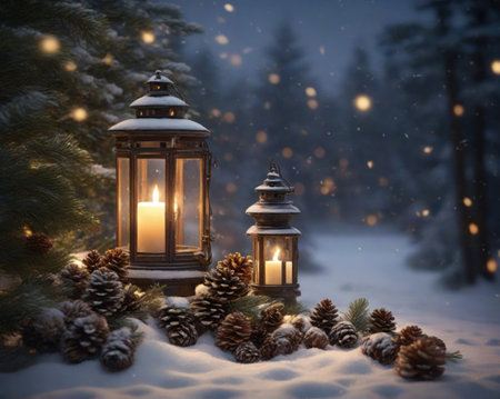 Christmas lantern with candles. Sparks and snowの素材