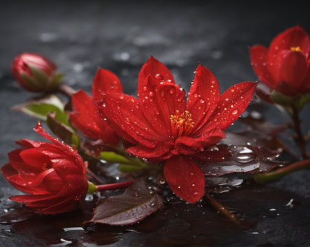Fictional tropical flower with water dropsの素材