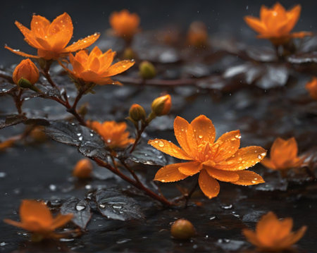 Fictional tropical flower with water dropsの素材