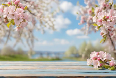 Spring mockup with wooden desk and blossom treesの素材