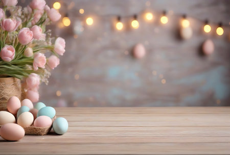 Easter mockup with wooden desk and painted eggsの素材
