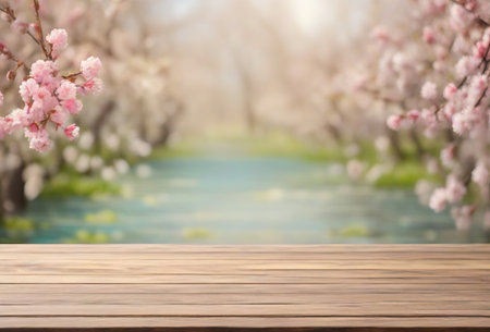 Spring mockup with wooden desk and blossom treesの素材