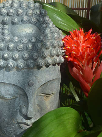 Buddha statue with red flowerの写真素材