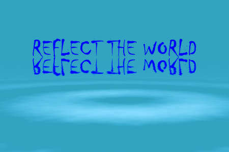symbolistic design with blue  letters reflected by the waterの写真素材