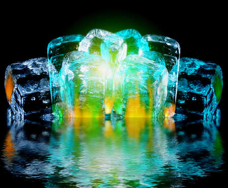 ice cubes in fire and floating on the water surface