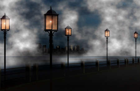 cold night with autumn fog in the cityの写真素材