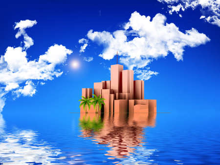 skyscrapers on the island with water reflections and blue skyの写真素材