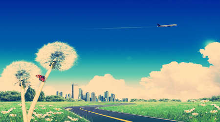 plane ,city and green  field landscape in a sunny dayの写真素材