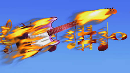 guitar and music keys with flame trails on a blue color backgroundの写真素材