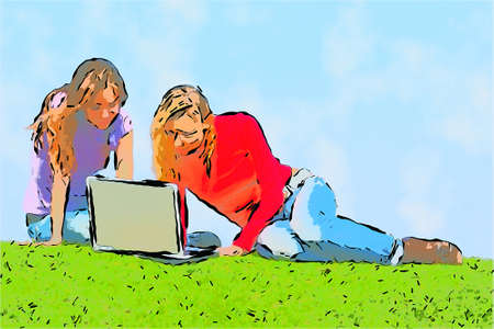 girls with computer  on grass cartooned designの写真素材