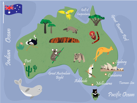 Australian map with animals and landmarksのイラスト素材
