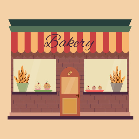 Bakery shop building facade with signboard. Flat style illustration or icon. EPS 10 vector.のイラスト素材