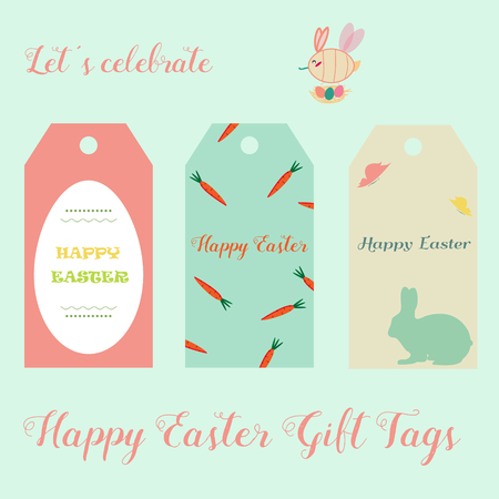 Easter holiday tags with eggs, rabbits, bright carrotsのイラスト素材