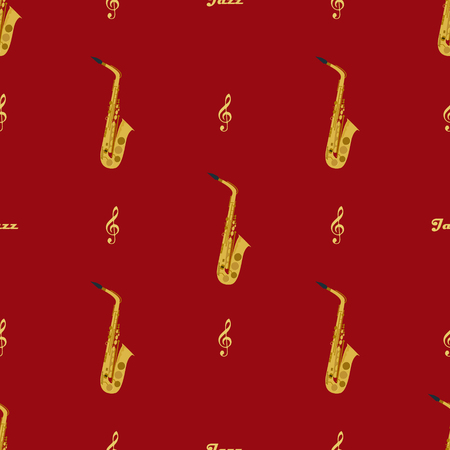 Seamless pattern with saxophones, treble clefs and word jazz. May be used for wrapping, book covers, envelope etc.のイラスト素材