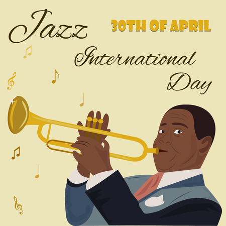Banner for the Jazz International Day with saxophones, piano and the musician playing the saxophone.のイラスト素材
