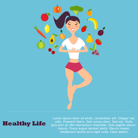 Healthy eating  concept with flat images fruits, vegetables and girlのイラスト素材