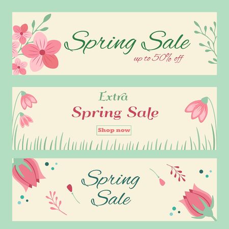 Spring sale banners with hand drawn flowers and plantsのイラスト素材