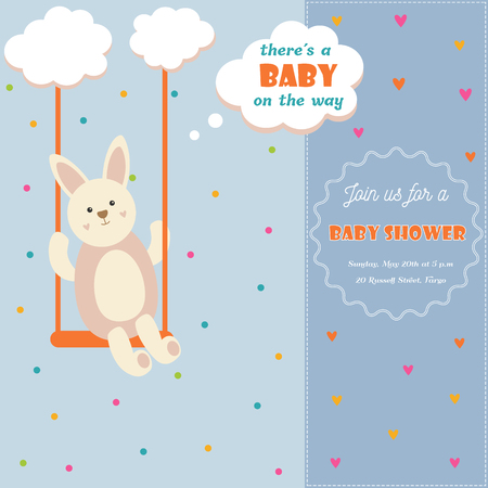 Baby shower invitation card with a bunny on the swingのイラスト素材