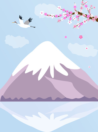 Japanese background with Fuji mountain, crane and blooming sakuraのイラスト素材