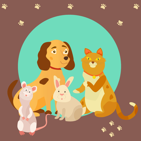 Bright images of domestic animals cat, rat, dog and rabbit. Can be used for pet shops, clinics, pet food advertising.のイラスト素材