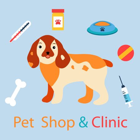 Banner with cute dog with pet medicine and stuff. Can be used for clinics or pet shops.のイラスト素材