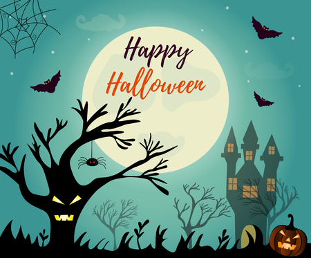 Halloween night with creepy house, scare tree and pumpkin.のイラスト素材
