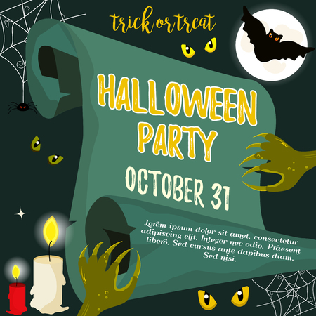 Halloween invitation template with scary creatures and bat.のイラスト素材