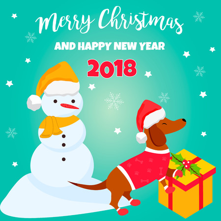 Holiday dachshund and winter scene. Christmas or New Year background. Perfect for the year of the dog 2018のイラスト素材