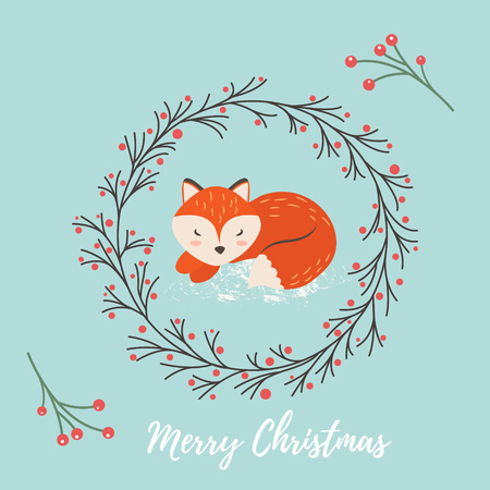 Holiday greeting card with cute dreaming fox.のイラスト素材