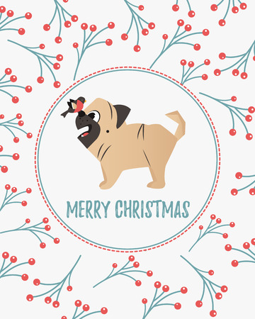 Holiday card with twigs and berries ornament and funny pug.のイラスト素材