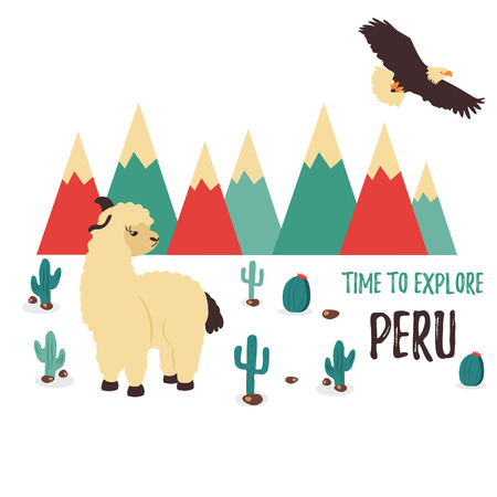 Concept poster explore Peru with cute lama.のイラスト素材