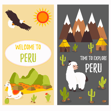 Concept posters of Peru with cute lamas and tourist destinations.のイラスト素材