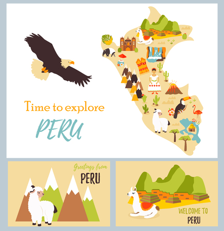 Set of tourist cards of Peru with landmarksのイラスト素材