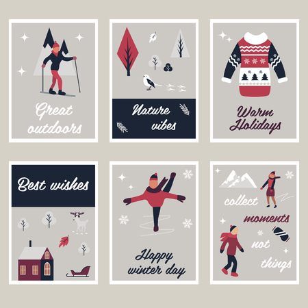 Vector illustration. Set of holiday cards with different characters doing winter sport and other elementsのイラスト素材