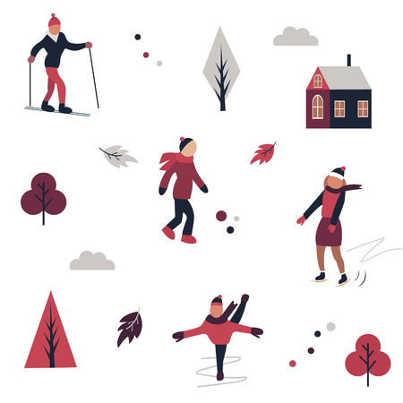 Winter sport pattern with different characters and elements in minimalistic styleのイラスト素材