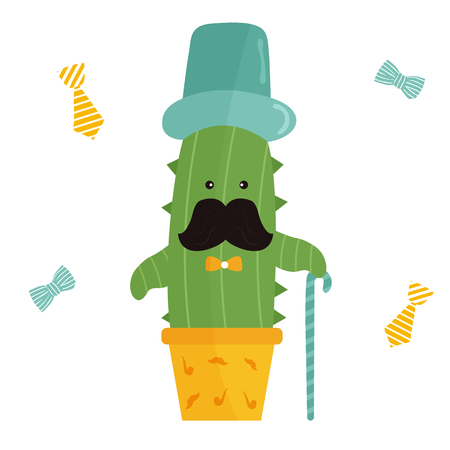 Vector illustration of cute mister cactus in top hat and caneのイラスト素材