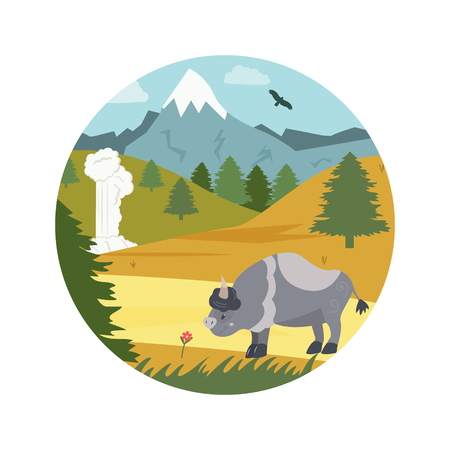 Natural park poster. Scene with bison, mountainsのイラスト素材