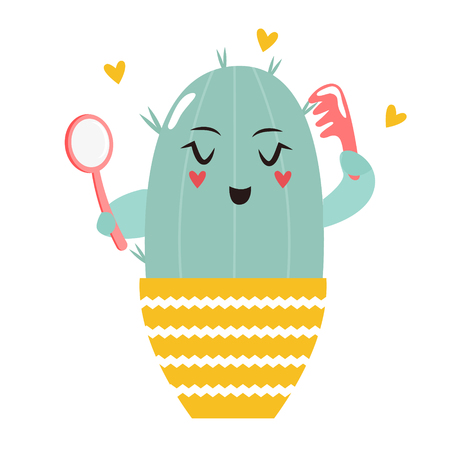 Flat art of a cute cactus with comb and brush on white backdrop illustration.のイラスト素材