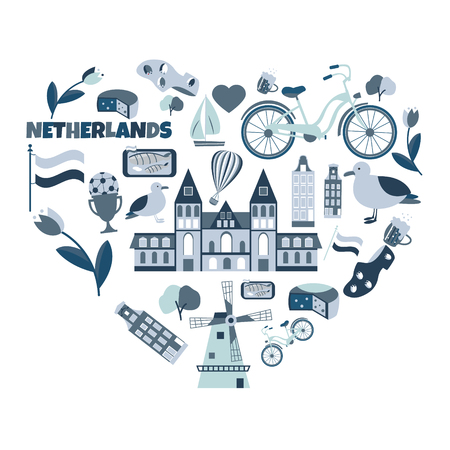 Blue poster with different elements and landmarks of Netherlandsのイラスト素材