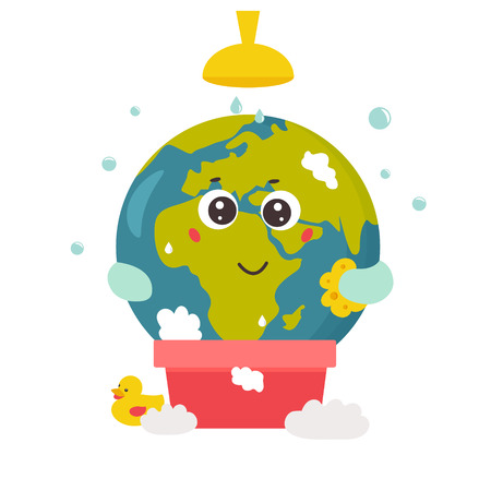 Bright poster with Cartoon Planet taking showerのイラスト素材