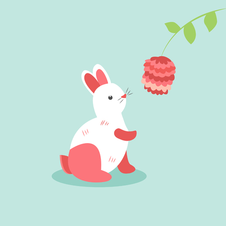 Cute rabbit with flower on a blue backgroundのイラスト素材