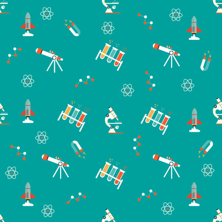 Science texture with microscope, telescope, rocket and other elementsのイラスト素材